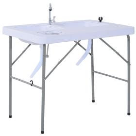 Outsunny Folding Camping Table with Faucet and Dual Water Basins, Outdoor Fish Table Sink Station, for Picnic, Fishing, 40''